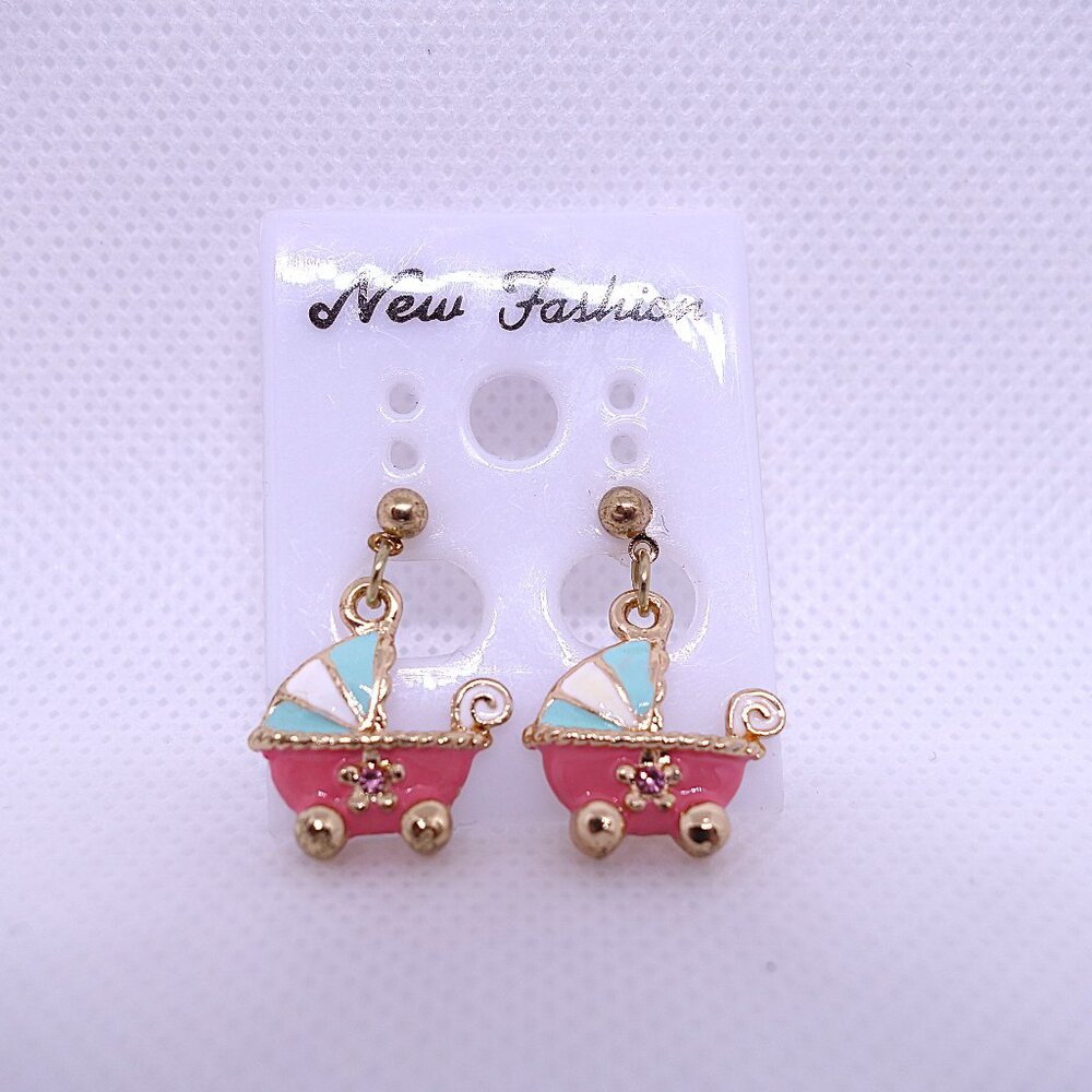 💎3/25💎NOS Vintage Retro 1980s Style Baby Carriage Pierced Stud Earrings